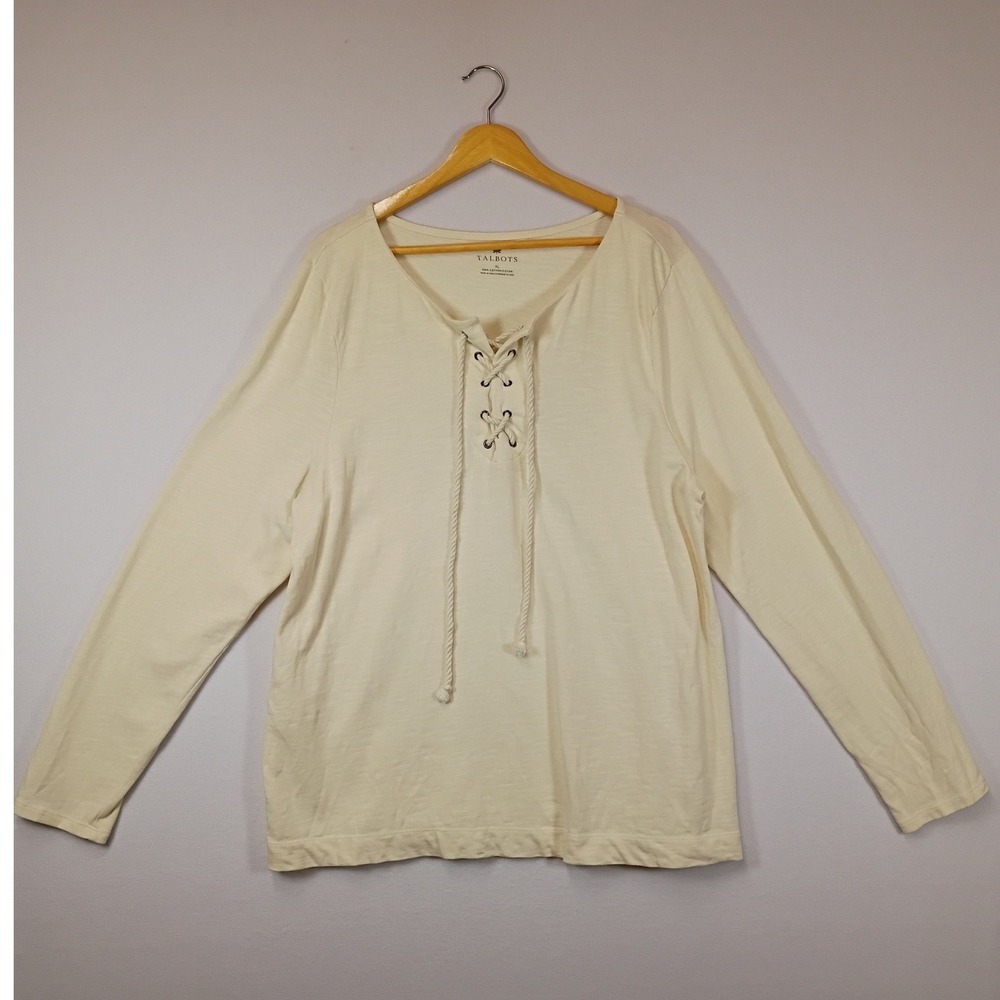 Coastal Preppy Talbots Women XL Cream Cotton Lace Up Nautical Slub Knit Top